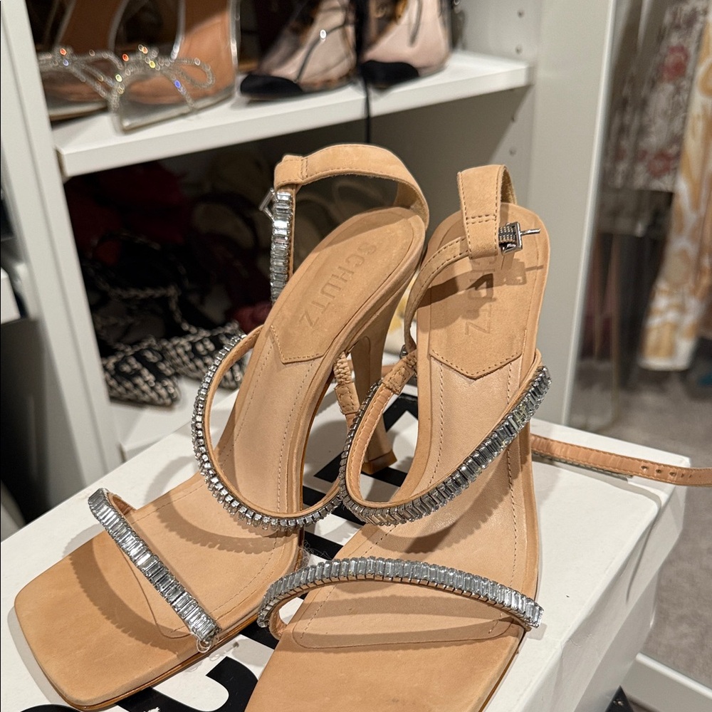 SCHUTZ Tan Heels with Silver Straps